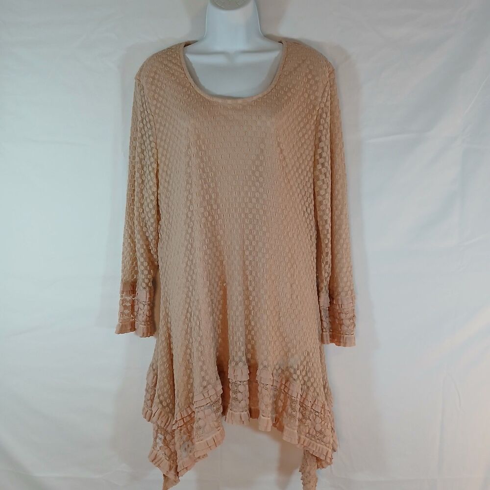 Indigo Soul Top Tan Texture Assymetrical Hem Sz XL Boho Fairy Peasant Casual